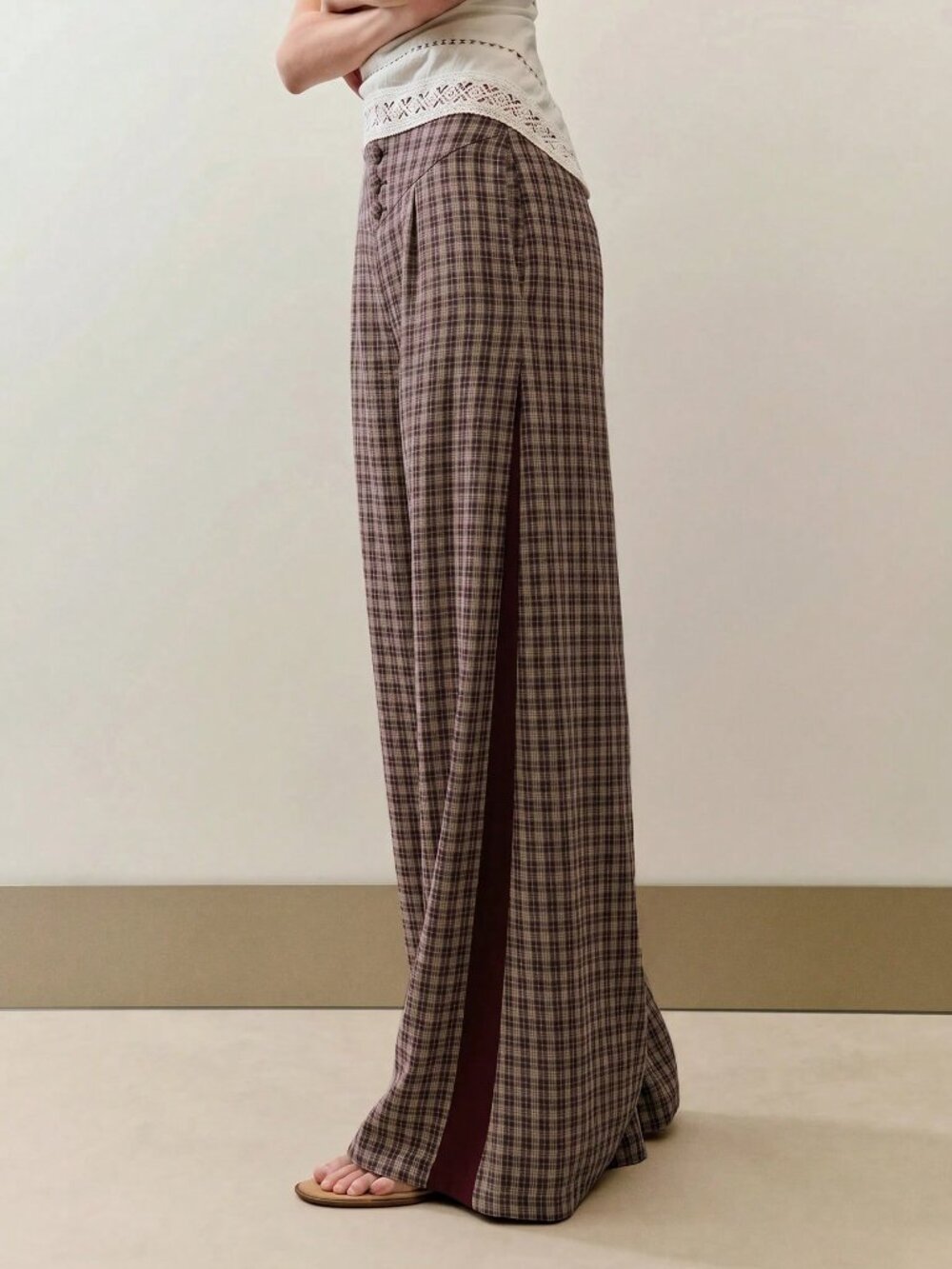 Brown Casual Women's Plaid High Waisted Wide-Leg Relaxed Fit Loose Trousers - Picture 4 of 8